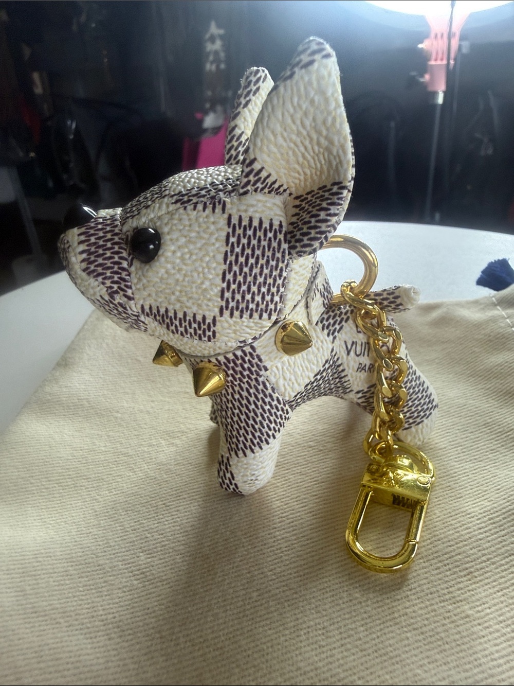 Mini Damier Azur inspired Puppy Bag Charm with Gold Hardware